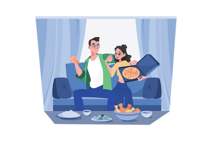 Couple appréciant la pizza à la maison  Illustration