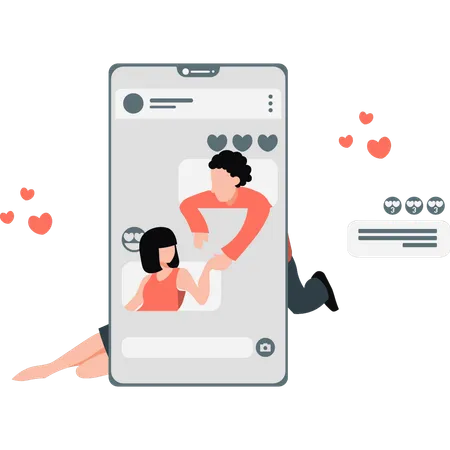 A Girl And A Boy Are Dating Online On Mobile Illustration