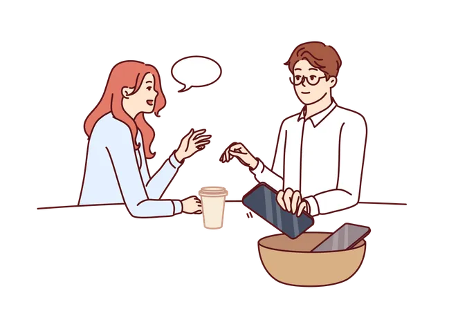 Couple Have Lunch In Cafe Putting Phones In Basket To Enjoy Live Communication For Concept Mobile Detox Man And Girl Drink Coffee And Talk Getting Rid Of Phones Addiction Or Giving Up Internet Illustration