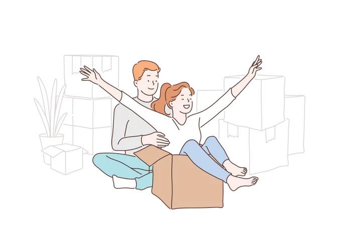 Happy Cohabitation Fun Relocation Concept Young Couple Playing With Cardboard Boxes After Buying New Apartment Cheerful Husband And Wife Playful Mood Simple Flat Vector Illustration