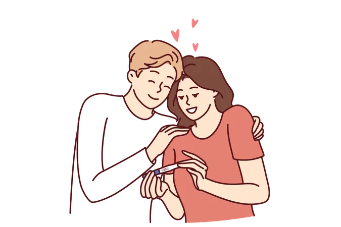 Happy Couple With Pregnancy Test Rejoices To See Result Predicting Birth Of Child Man And Woman Hugging In Love Looking At Pregnancy Test After Successful Conception For Family Planning Concept Illustration