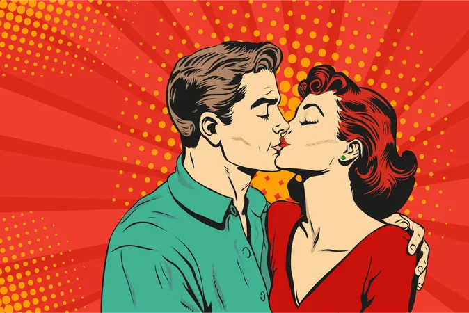 Man And Woman Are Kissing Couple Love Vector Illustration In Pop Art Retro Comic Style 일러스트레이션