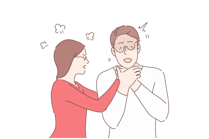 Couple Quarrelling Relationship Conflict Angry Girlfriend Concept Irritated Woman Gripping Boys Throat Mad Woman Nervous About Colleague Punishing Bad Behavior Simple Flat Vector Illustration