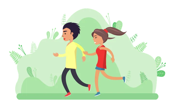 Couple are running in garden  Illustration