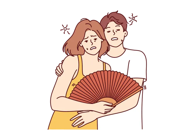 Couple Suffers From Sunstroke During Summer Heat And Hugs Feeling Exhausted Due To Climate Change Man And Woman With Fan Need Refreshments And Cool Room After Sunstroke Caused By Global Warming Illustration
