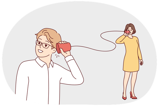 Couple are talking using homemade phone made from rope and cups  Illustration