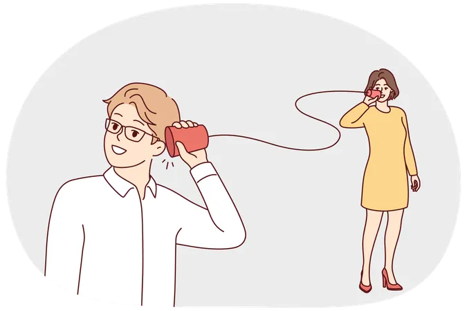 Couple are talking using homemade phone made from rope and cups  Illustration