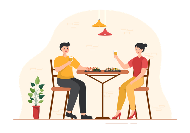 Couple asiatique, manger des sushis au restaurant  Illustration