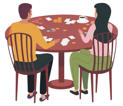 Un couple assis à table joue à un jeu de société à la maison  Illustration