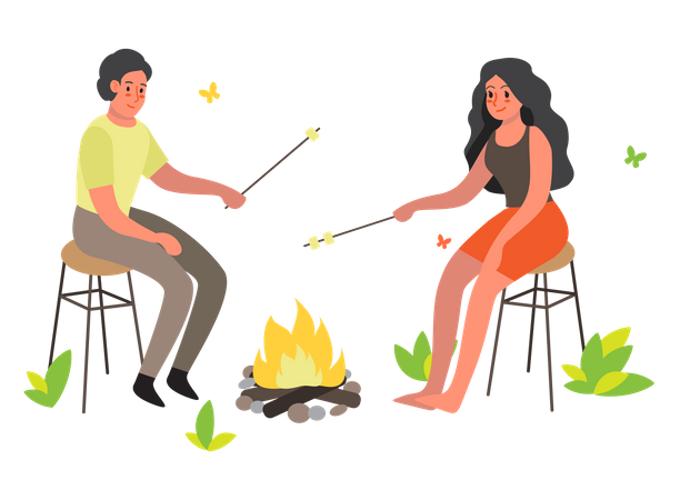 Couple assis au feu de camp  Illustration