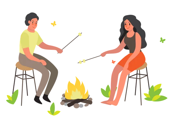 Couple assis au feu de camp  Illustration