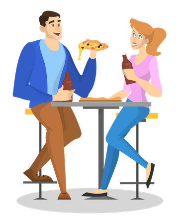 Couple assis dans le café tout en buvant de la bière et en mangeant de la pizza  Illustration