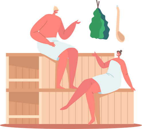 Couple assis à l'intérieur du sauna et parlant  Illustration