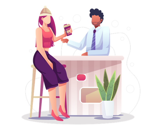 Couple assis dans un café et ayant une conversation  Illustration