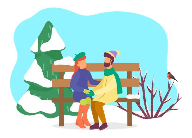 Couple assis dans le parc en hiver  Illustration