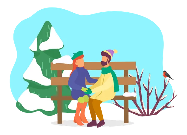 Couple assis dans le parc en hiver  Illustration