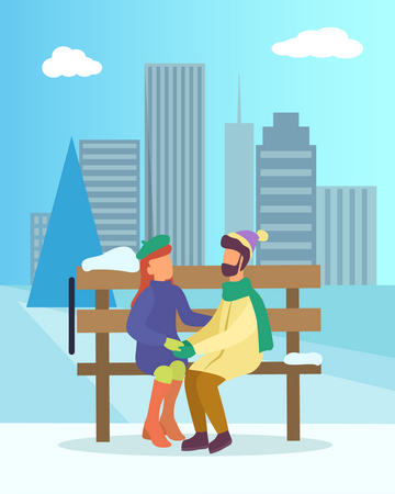 Couple assis dans un parc portant des vêtements d'hiver  Illustration