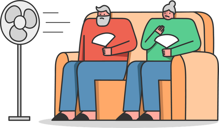 Couple assis devant un ventilateur à cause de la chaleur estivale  Illustration