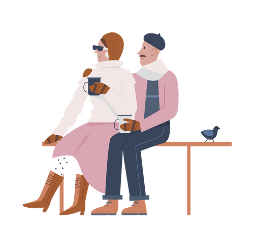 Couple assis sur la plage et prenant un café  Illustration