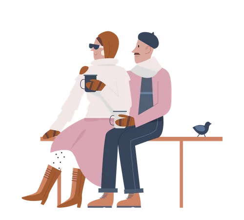 Couple assis sur la plage et prenant un café  Illustration