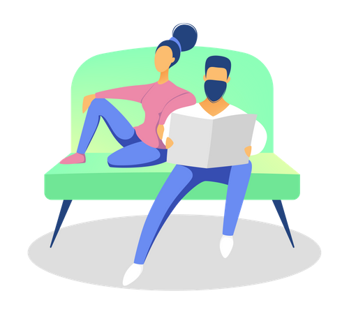 Couple assis sur un canapé ensemble à la maison  Illustration