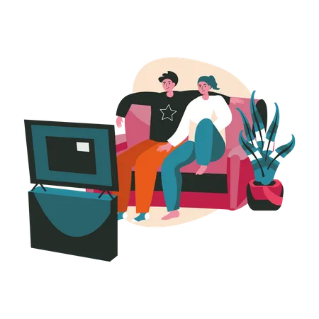 Couple assis sur un canapé devant la télévision  Illustration
