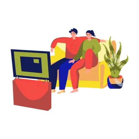 Couple assis sur un canapé devant la télévision  Illustration