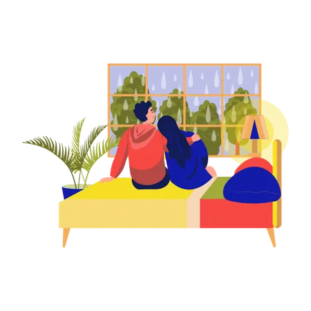 Couple assis sur le lit devant la fenêtre  Illustration