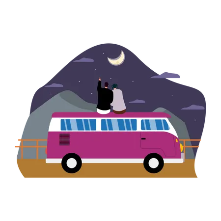 Couple assis sur le toit d'un camping-car et regardant le ciel  Illustration