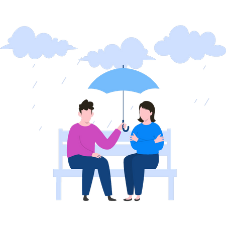 Couple assis sur un banc avec un parapluie sous la pluie  Illustration