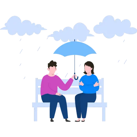 Couple assis sur un banc avec un parapluie sous la pluie  Illustration