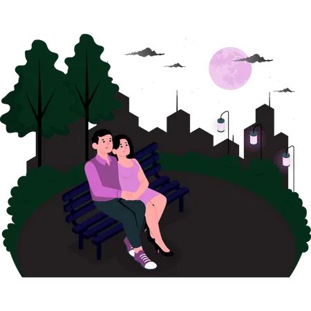 Couple assis sur un banc dans un parc  Illustration