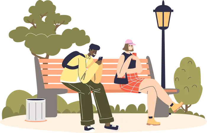 Un couple s'assoit sur un banc dans un parc à l'aide d'un smartphone  Illustration