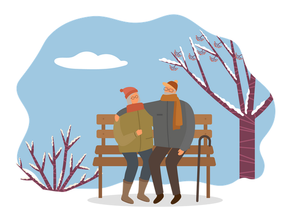 Couple assis sur un banc en hiver  Illustration