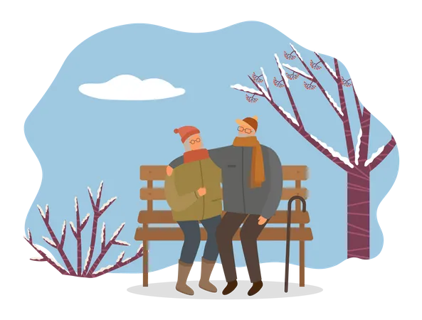 Couple assis sur un banc en hiver  Illustration