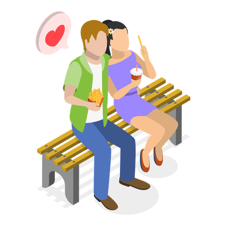 Couple assis sur un banc et mangeant de la nourriture  Illustration