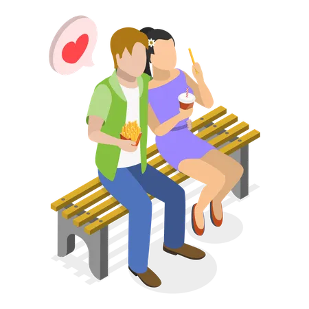 Couple assis sur un banc et mangeant de la nourriture  Illustration