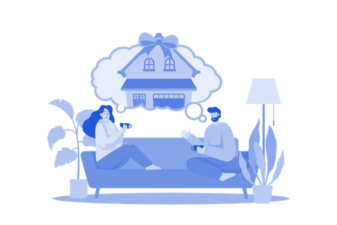 Couple assis sur un canapé en pensant à une nouvelle maison  Illustration