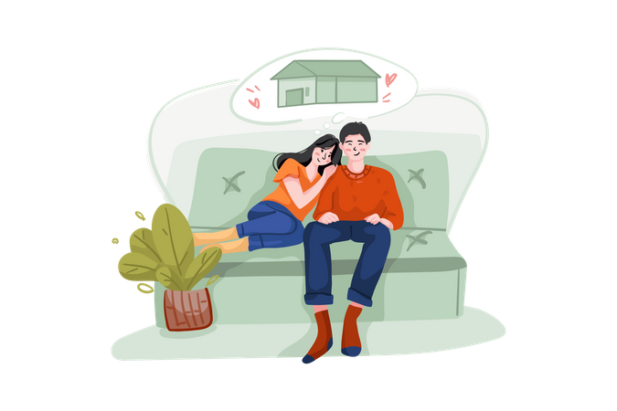 Couple assis sur un canapé en pensant à une nouvelle maison  Illustration