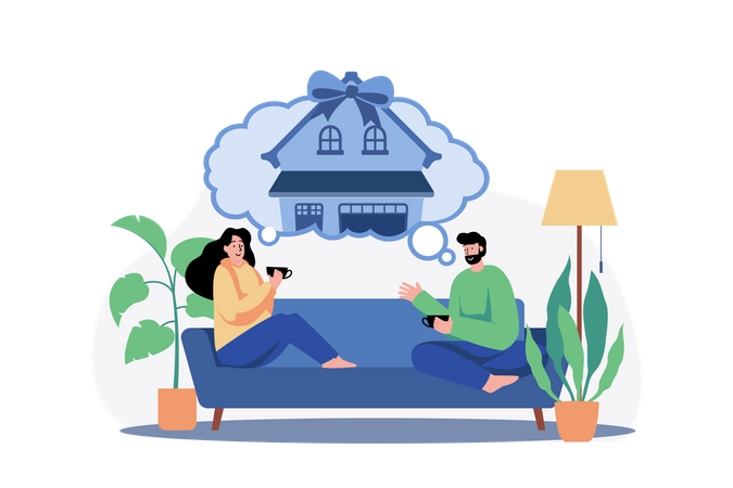 Couple assis sur un canapé en pensant à une nouvelle maison  Illustration