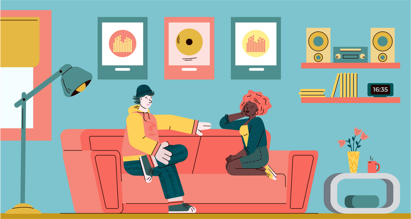 Couple assis sur un canapé et parlant à l'intérieur du salon  Illustration