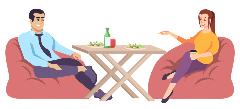 Couple assis sur un pouf et déjeunant  Illustration