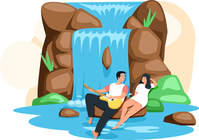 Couple assis sur une grosse pierre jouant de la guitare à côté d'une cascade  Illustration