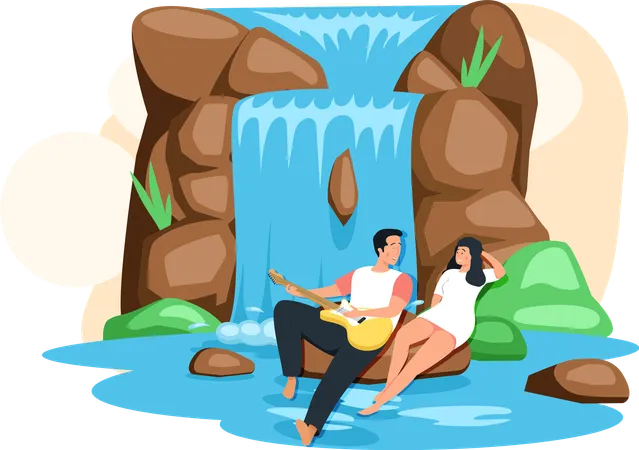 Couple assis sur une grosse pierre jouant de la guitare à côté d'une cascade  Illustration