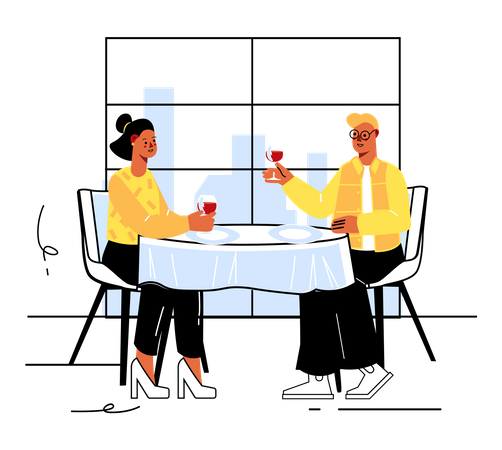 Couple assis sur une table au restaurant  Illustration