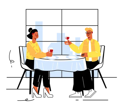 Couple assis sur une table au restaurant  Illustration