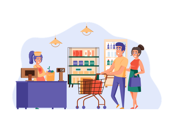 Couple at billing counter in supermarket  Illustration