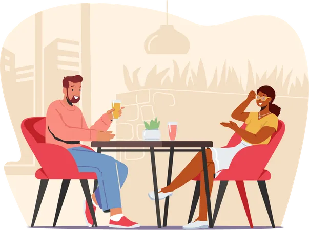 Young Couple Visiting Cafe And Hospitality Concept Male And Female Characters Sitting At Tables Drinking Beverages Chatting And Laughing In Modern Restaurant Cartoon People Vector Illustration Illustration