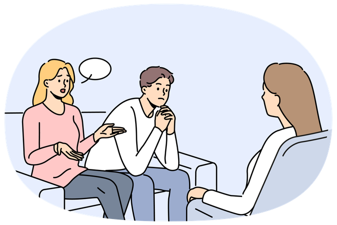 Couple at family therapist in office sitting on couch talking about problems and quarrels  Illustration