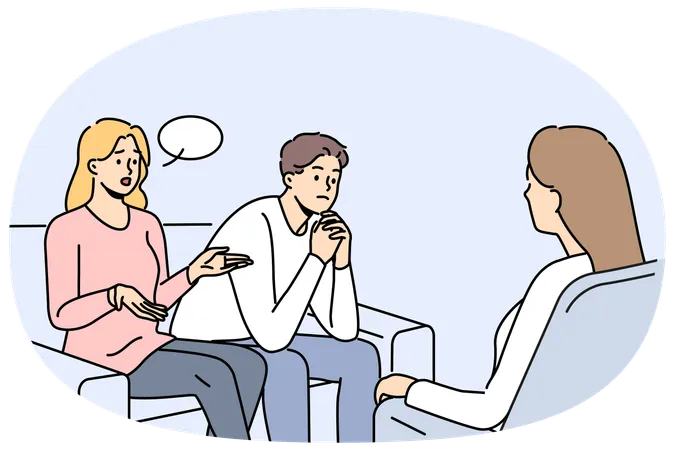 Couple at family therapist in office sitting on couch talking about problems and quarrels  Illustration